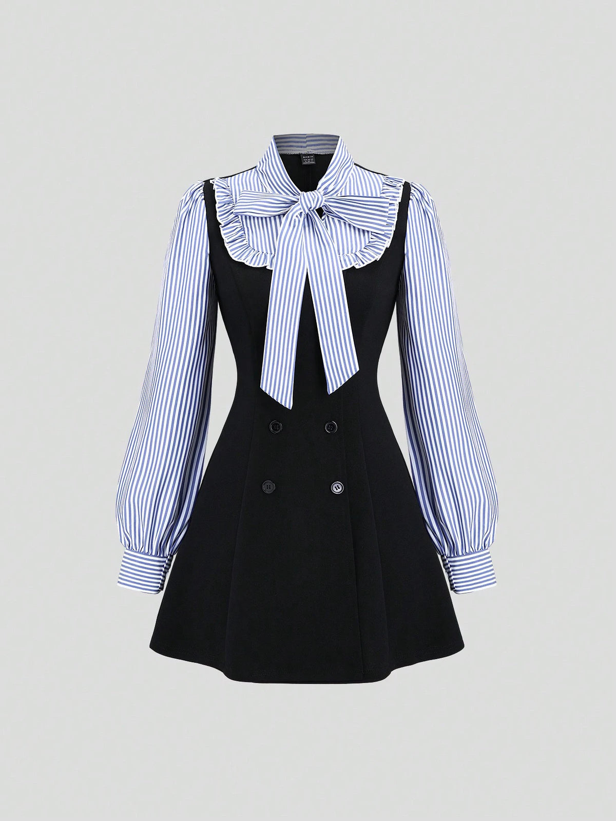 Sweetra Women's Preppy 2 In 1 Bow Tie Long Sleeve Blouse With Colorblock & Ruffle Hem Knit Short Dress