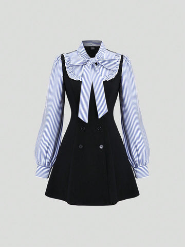 Sweetra Women's Preppy 2 In 1 Bow Tie Long Sleeve Blouse With Colorblock & Ruffle Hem Knit Short Dress