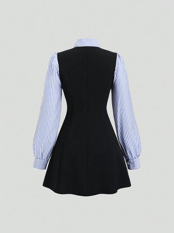 Sweetra Women's Preppy 2 In 1 Bow Tie Long Sleeve Blouse With Colorblock & Ruffle Hem Knit Short Dress