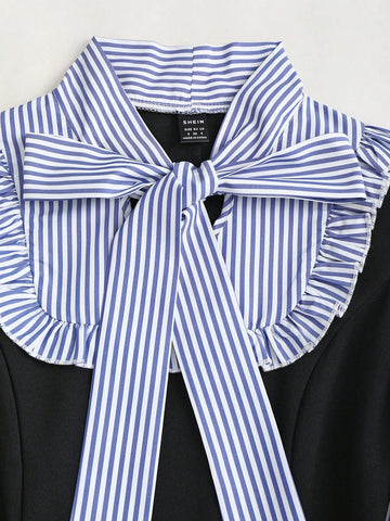 Sweetra Women's Preppy 2 In 1 Bow Tie Long Sleeve Blouse With Colorblock & Ruffle Hem Knit Short Dress