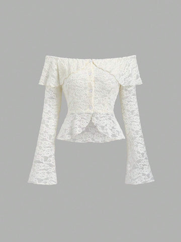 Sweetra Women's Ruffled Lace Off Shoulder Bell Sleeve Elegant Blouse