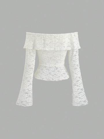 Sweetra Women's Ruffled Lace Off Shoulder Bell Sleeve Elegant Blouse