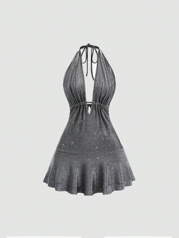 Sweetra Women's Sexy Halter Asymmetrical Criss-Cross Backless Plunge Neck Clubwear Dress