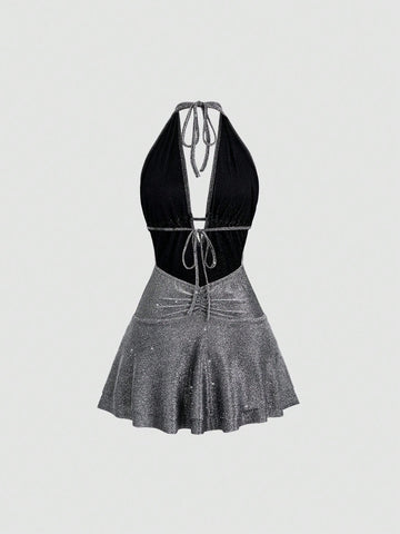 Sweetra Women's Sexy Halter Asymmetrical Criss-Cross Backless Plunge Neck Clubwear Dress