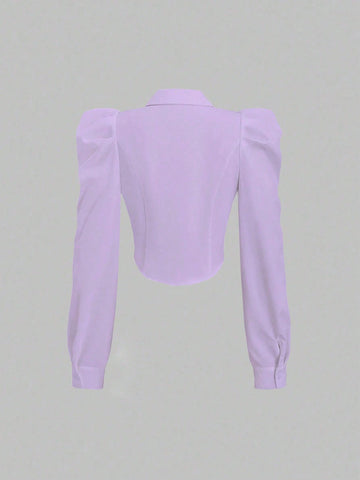 Sweetra Women's Solid Color Front Button Long Sleeve Casual Blouse, Everyday Wear