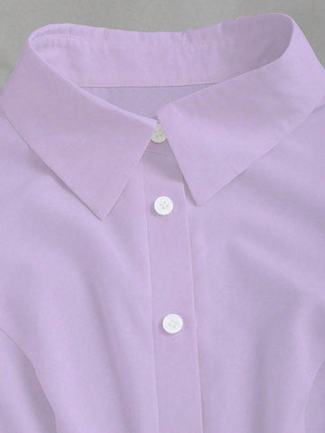 Sweetra Women's Solid Color Front Button Long Sleeve Casual Blouse, Everyday Wear