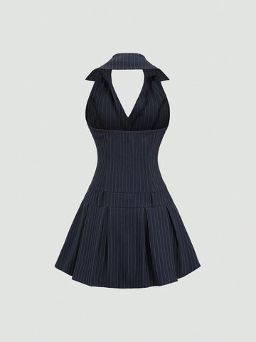 Sweetra Women's Striped Halter Button Design Casual Short Dress