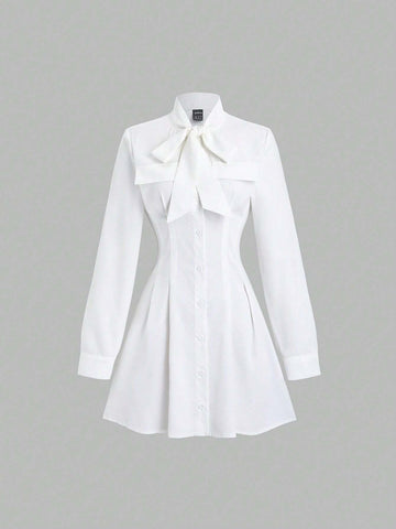 Women's Sweet Cute Bow Decor Minimalist Waisted Solid White Short Shirt Dress