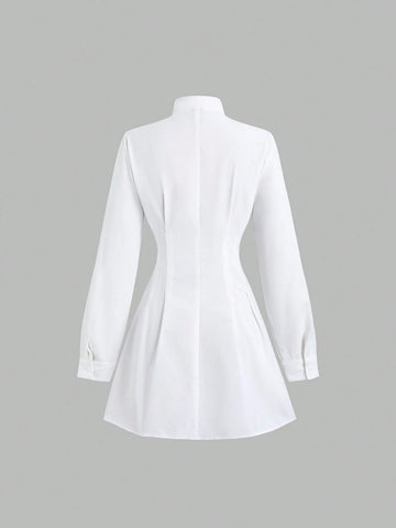 Women's Sweet Cute Bow Decor Minimalist Waisted Solid White Short Shirt Dress