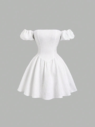 Sweetra Women's White Jacquard Puff Sleeve A-Line High Waist Slimming Midi Dress