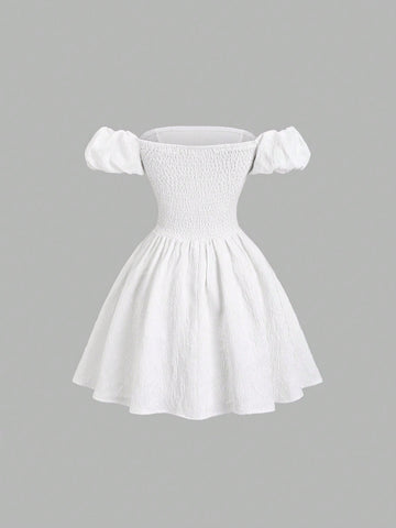 Sweetra Women's White Jacquard Puff Sleeve A-Line High Waist Slimming Midi Dress