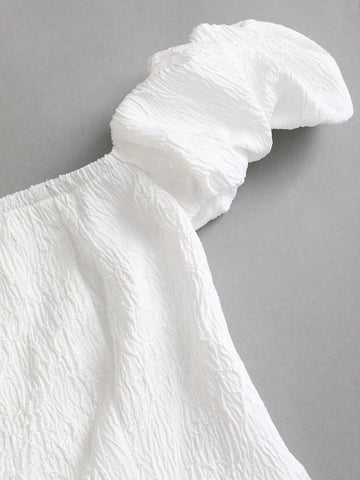 Sweetra Women's White Jacquard Puff Sleeve A-Line High Waist Slimming Midi Dress