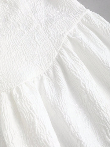 Sweetra Women's White Jacquard Puff Sleeve A-Line High Waist Slimming Midi Dress