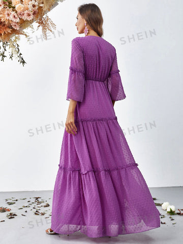 Swiss Dot Flounce Sleeve Ruffle Hem Chiffon Dress