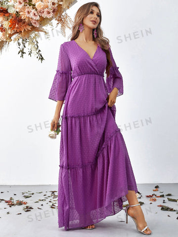 Swiss Dot Flounce Sleeve Ruffle Hem Chiffon Dress