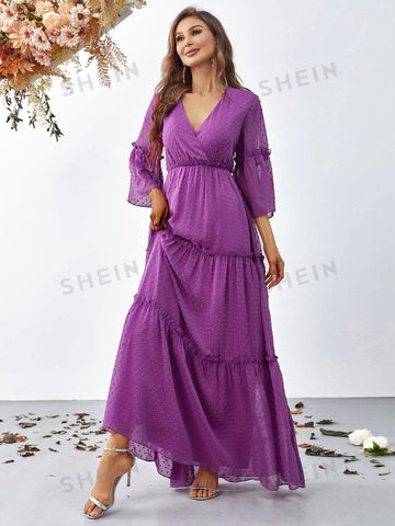 Swiss Dot Flounce Sleeve Ruffle Hem Chiffon Dress