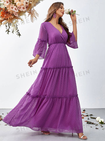 Swiss Dot Flounce Sleeve Ruffle Hem Chiffon Dress