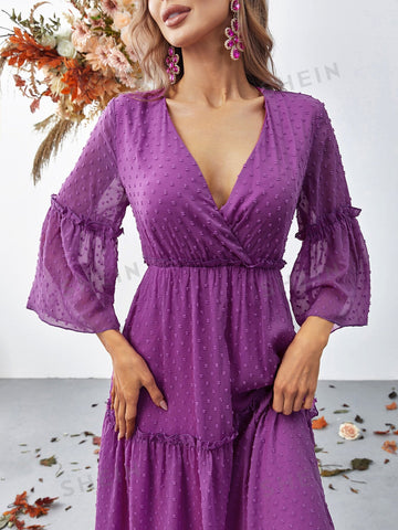 Swiss Dot Flounce Sleeve Ruffle Hem Chiffon Dress