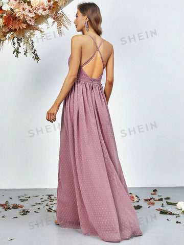 Swiss Dot Plunging Neck Split Thigh Maxi Dress