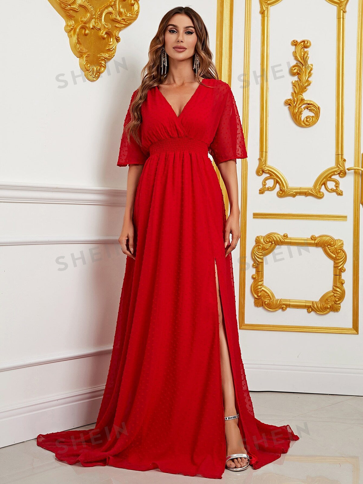 Swiss Dot Split Thigh Chiffon Dress