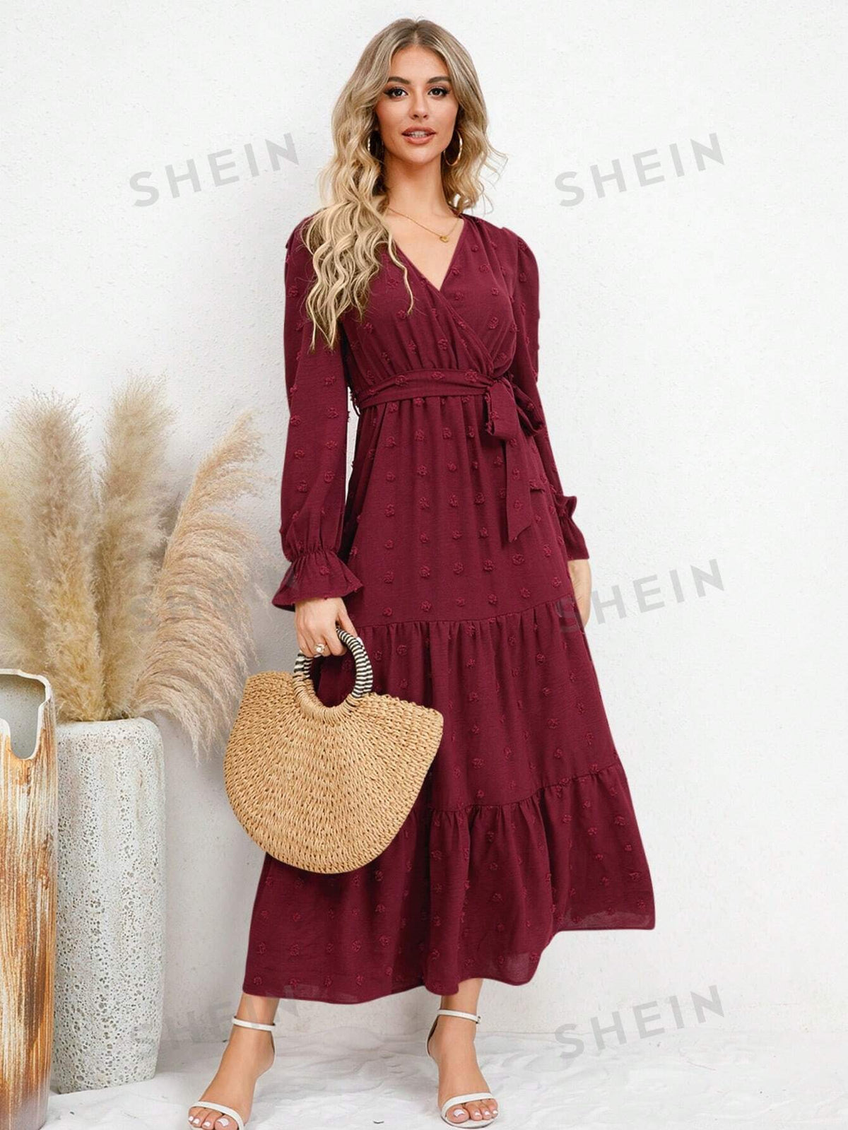 Swiss Polka Dot V-Neck Chiffon Long Sleeve Midi Dress With Ruffle Hem