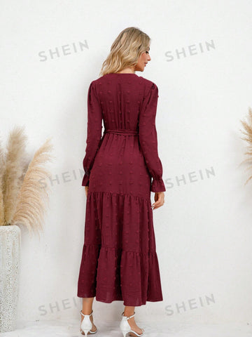 Swiss Polka Dot V-Neck Chiffon Long Sleeve Midi Dress With Ruffle Hem