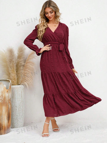 Swiss Polka Dot V-Neck Chiffon Long Sleeve Midi Dress With Ruffle Hem