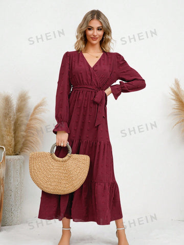 Swiss Polka Dot V-Neck Chiffon Long Sleeve Midi Dress With Ruffle Hem
