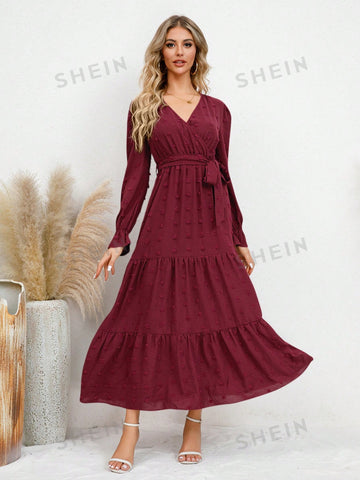 Swiss Polka Dot V-Neck Chiffon Long Sleeve Midi Dress With Ruffle Hem