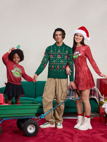 Velvet Christmas Cartoon Print Long Sleeve Short Dress