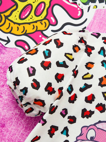 Young Girl Cartoon Printed Colorful Dot Bubble Sleeve Dress With Sweet Design Sense For Summer