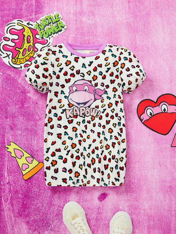 Young Girl Cartoon Printed Colorful Dot Bubble Sleeve Dress With Sweet Design Sense For Summer