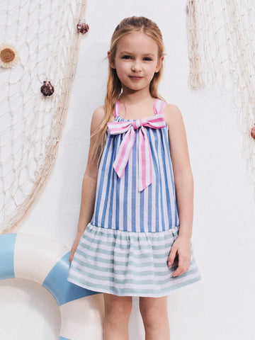 THE HAPPY LOOK Colorful Striped Bow Contrast Color Dresses For Young Girls