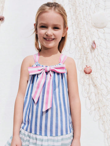 THE HAPPY LOOK Colorful Striped Bow Contrast Color Dresses For Young Girls