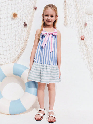 THE HAPPY LOOK Colorful Striped Bow Contrast Color Dresses For Young Girls