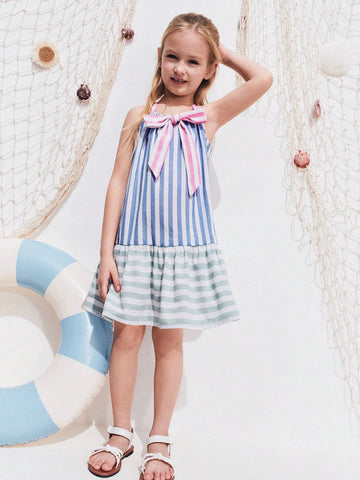 THE HAPPY LOOK Colorful Striped Bow Contrast Color Dresses For Young Girls