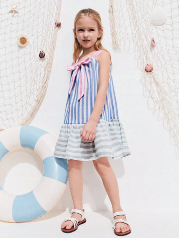 THE HAPPY LOOK Colorful Striped Bow Contrast Color Dresses For Young Girls