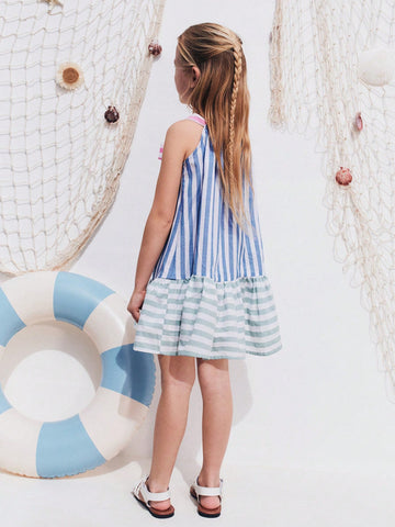 THE HAPPY LOOK Colorful Striped Bow Contrast Color Dresses For Young Girls