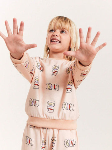 THE HAPPY LOOK Girls Geometric Pattern Pink Knit Crew Neck Pullover Sweatshirts, Casual And Cute Style For Autumn & Winter