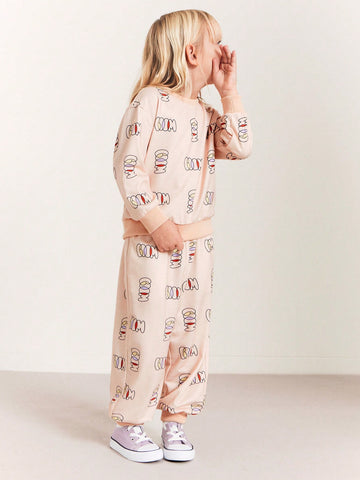 THE HAPPY LOOK Girls Geometric Pattern Pink Knit Crew Neck Pullover Sweatshirts, Casual And Cute Style For Autumn & Winter