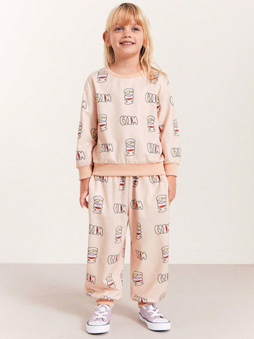 THE HAPPY LOOK Girls Geometric Pattern Pink Knit Crew Neck Pullover Sweatshirts, Casual And Cute Style For Autumn & Winter