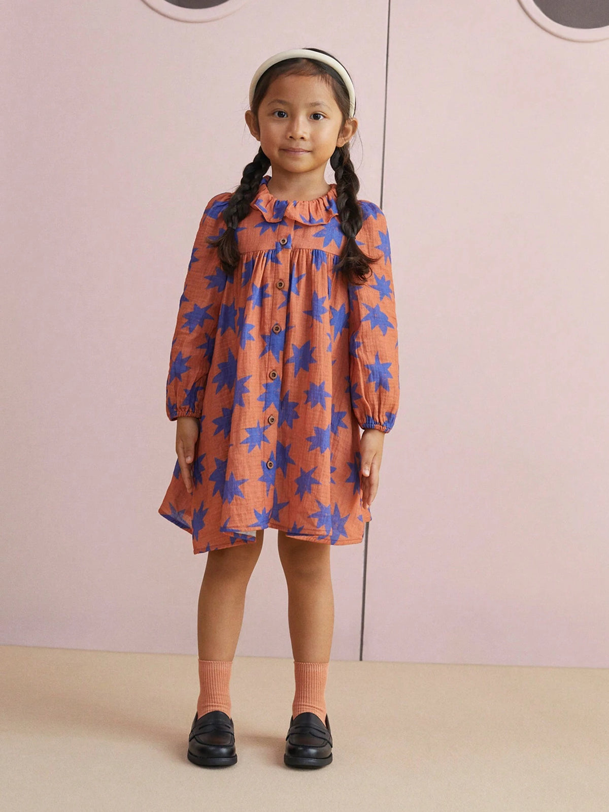 THE HAPPY LOOK Girls Red Woven Chiffon Pleated Collar Lantern Sleeve Dress, Spring/Autumn/Winter, Back To School
