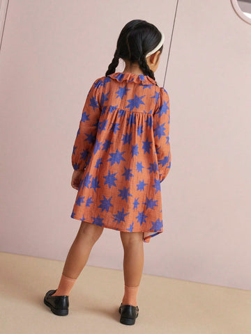 THE HAPPY LOOK Girls Red Woven Chiffon Pleated Collar Lantern Sleeve Dress, Spring/Autumn/Winter, Back To School