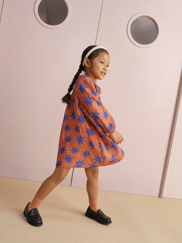 THE HAPPY LOOK Girls Red Woven Chiffon Pleated Collar Lantern Sleeve Dress, Spring/Autumn/Winter, Back To School