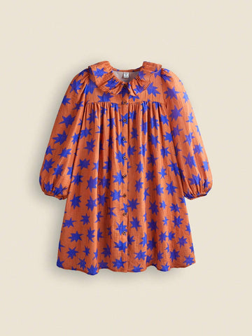 THE HAPPY LOOK Girls Red Woven Chiffon Pleated Collar Lantern Sleeve Dress, Spring/Autumn/Winter, Back To School