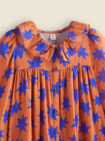 THE HAPPY LOOK Girls Red Woven Chiffon Pleated Collar Lantern Sleeve Dress, Spring/Autumn/Winter, Back To School