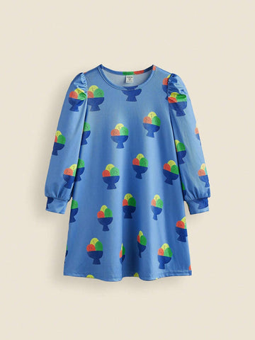 THE HAPPY LOOK Girls' (Small) Ice Cream All Over Print Blue Round Neck Long Sleeve A-Line Knit Casual Cute Dress