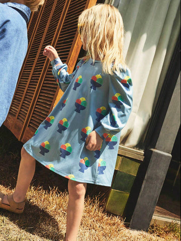 THE HAPPY LOOK Girls' (Small) Ice Cream All Over Print Blue Round Neck Long Sleeve A-Line Knit Casual Cute Dress