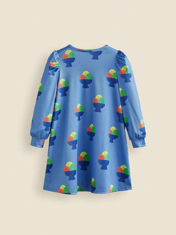 THE HAPPY LOOK Girls' (Small) Ice Cream All Over Print Blue Round Neck Long Sleeve A-Line Knit Casual Cute Dress