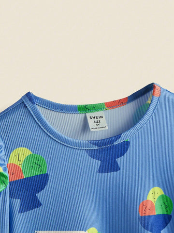 THE HAPPY LOOK Girls' (Small) Ice Cream All Over Print Blue Round Neck Long Sleeve A-Line Knit Casual Cute Dress